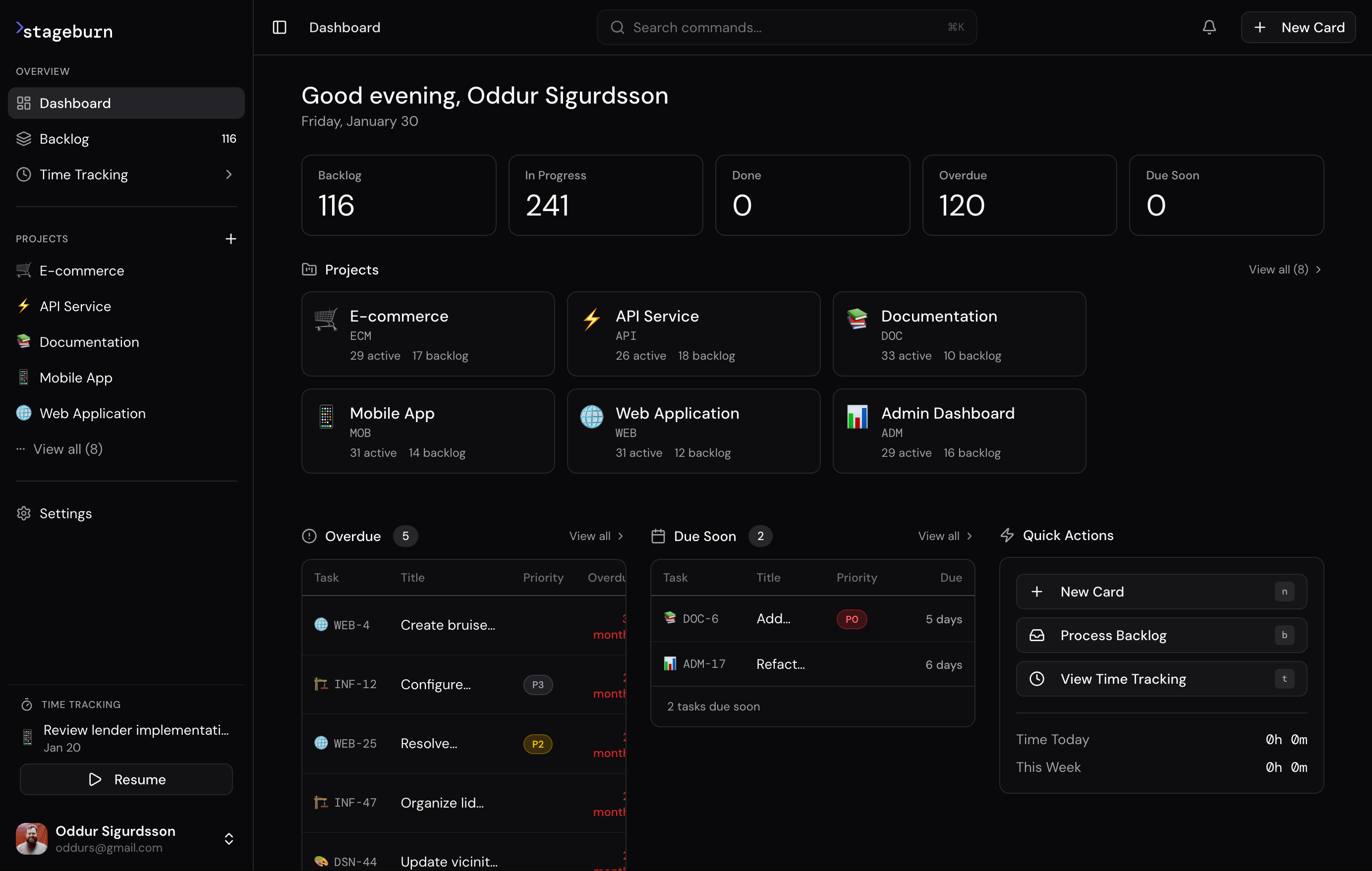 Stageburn dashboard