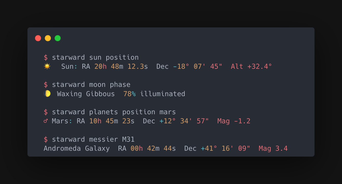 Quick commands showing sun position, moon phase, and catalog lookups