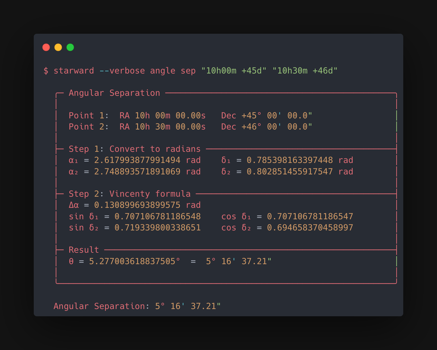 Starward verbose mode showing step-by-step angular separation calculation